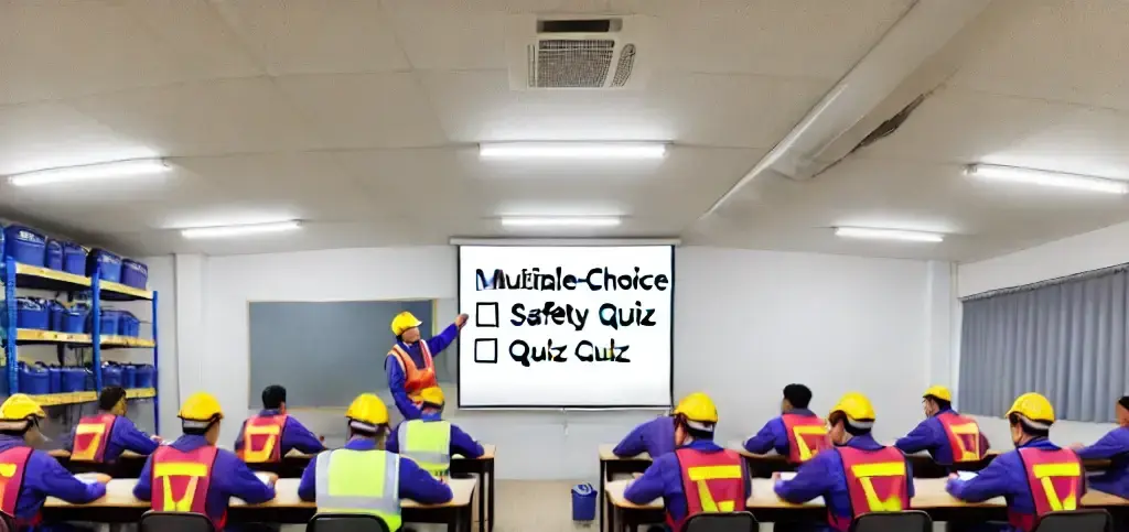 Banner illustrativo di lavoratori in abbigliamento protettivo che partecipano a un quiz a risposta multipla sulla sicurezza sul lavoro, in un ambiente collaborativo.