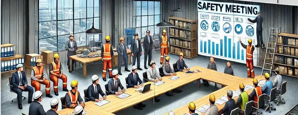 Banner illustrativo di una simulazione di riunione sulla sicurezza, con lavoratori e responsabili seduti a un tavolo in un ambiente professionale, impegnati a discutere protocolli di sicurezza e prevenzione dei rischi.